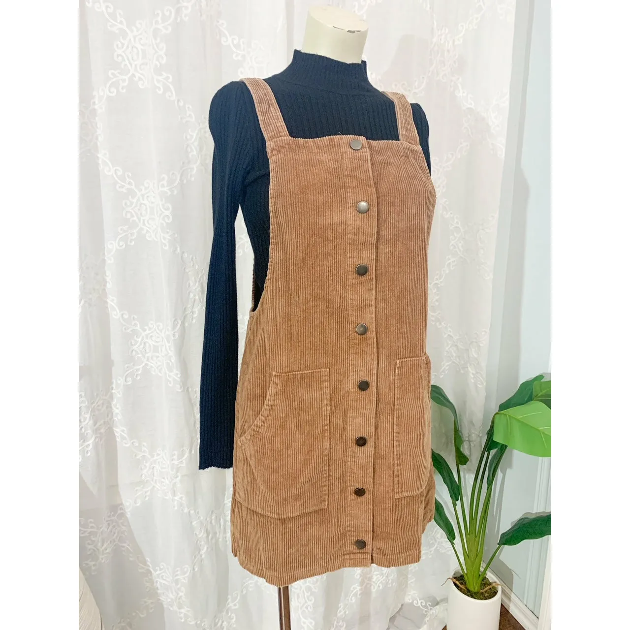 Happy Days Corduroy Button Down Overall Dress - Camel
