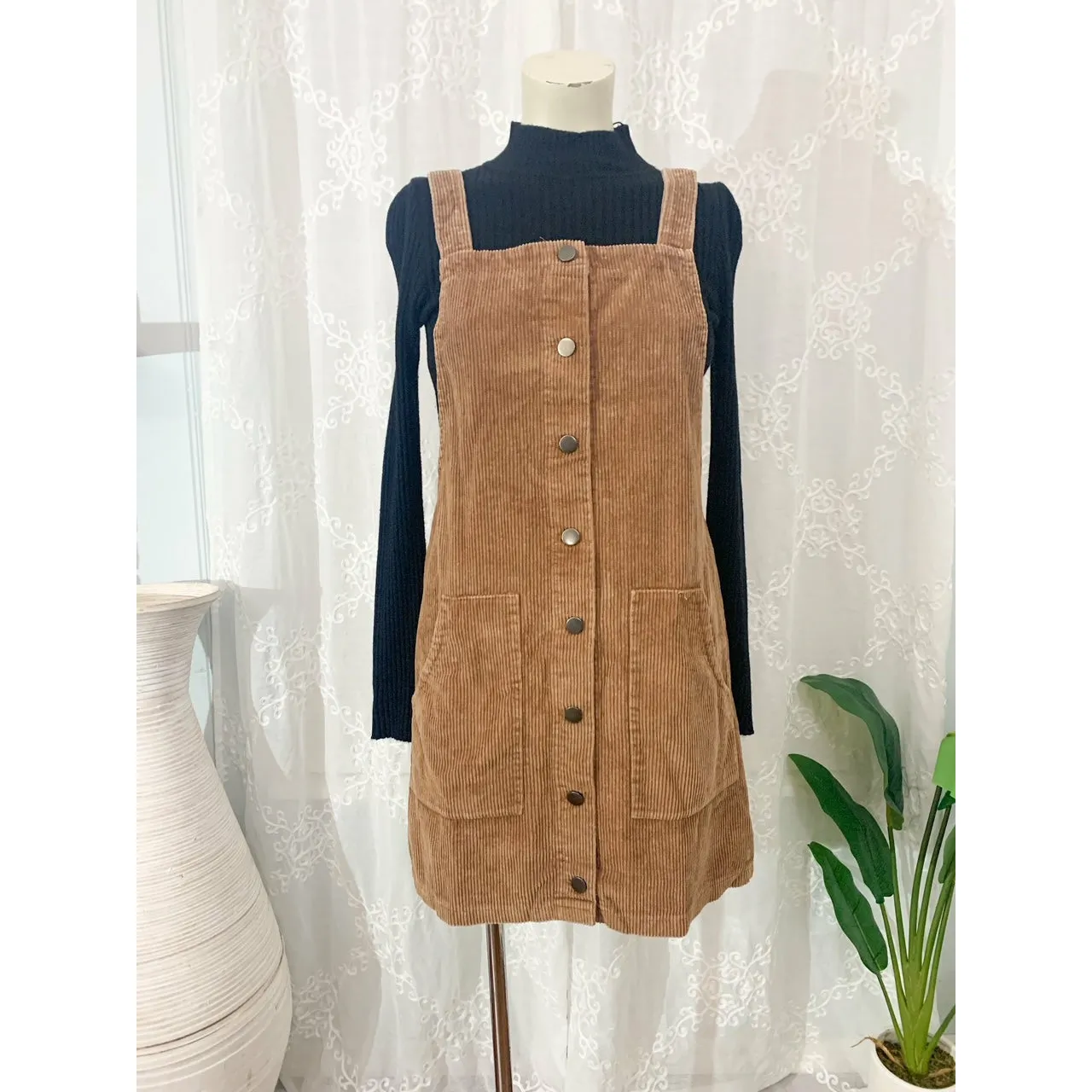 Happy Days Corduroy Button Down Overall Dress - Camel