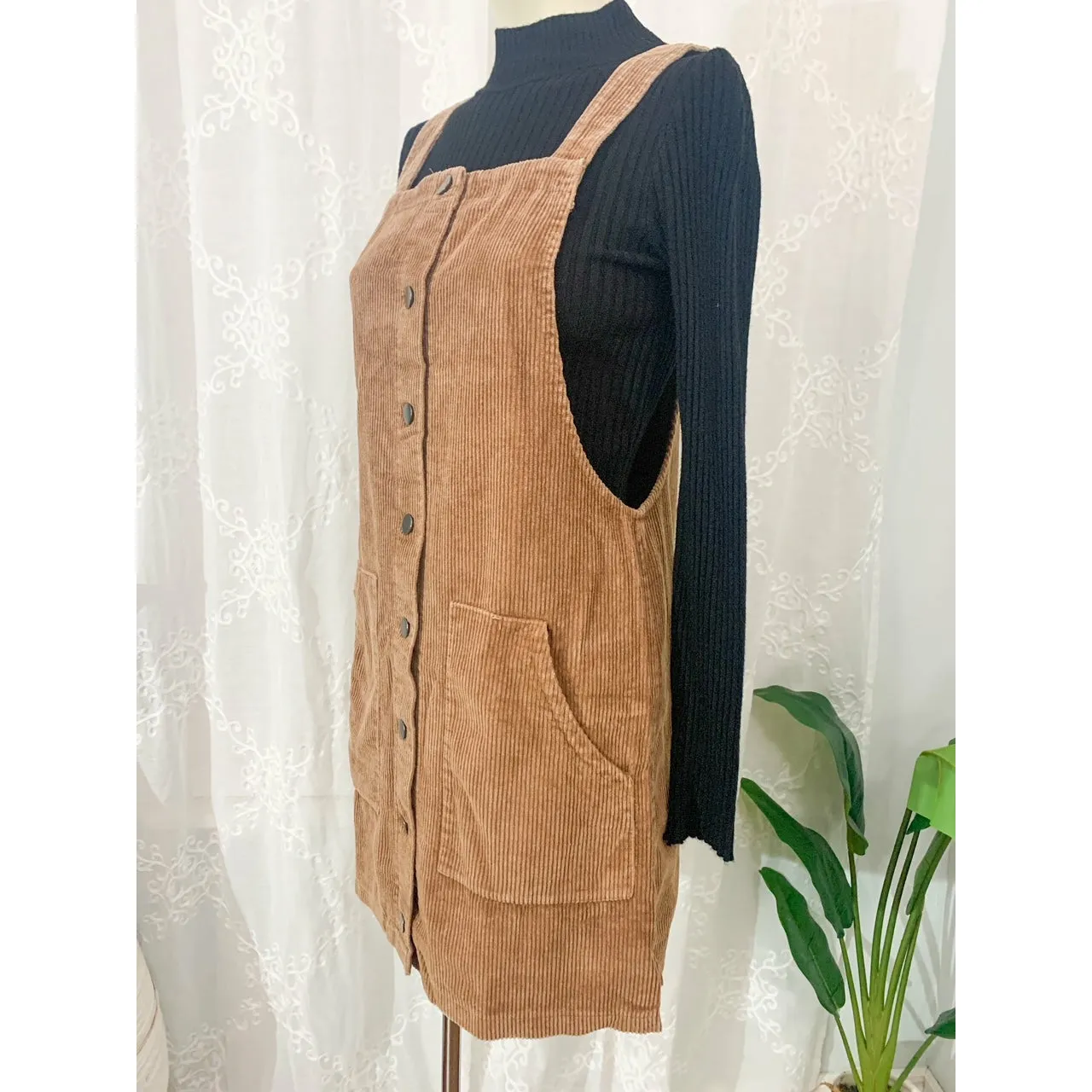 Happy Days Corduroy Button Down Overall Dress - Camel