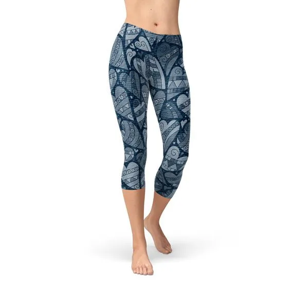 Hearts on Hearts Capri Leggings- Blue