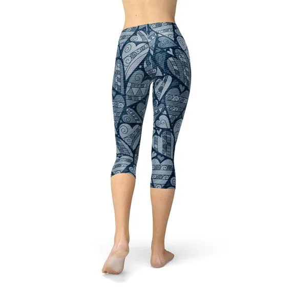 Hearts on Hearts Capri Leggings- Blue