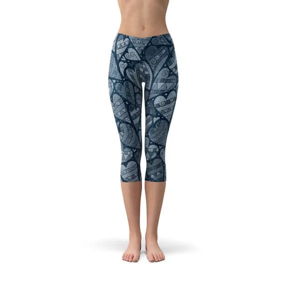Hearts on Hearts Capri Leggings- Blue