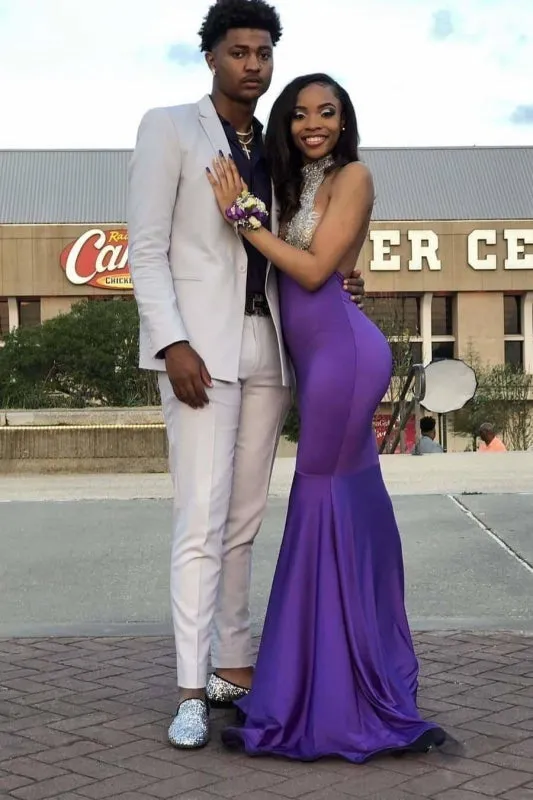 High Collar Sleeveless Floor Length Open Back Prom Dresses