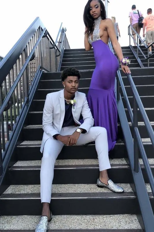 High Collar Sleeveless Floor Length Open Back Prom Dresses