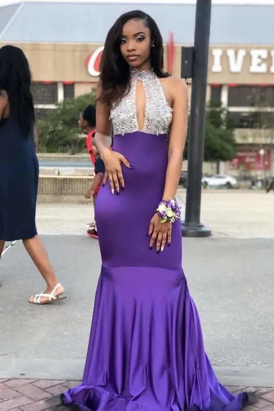 High Collar Sleeveless Floor Length Open Back Prom Dresses
