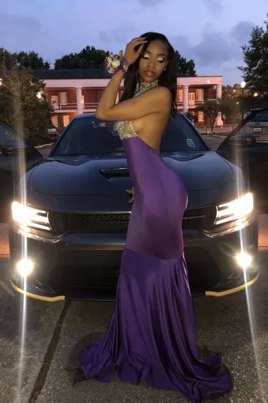 High Collar Sleeveless Floor Length Open Back Prom Dresses