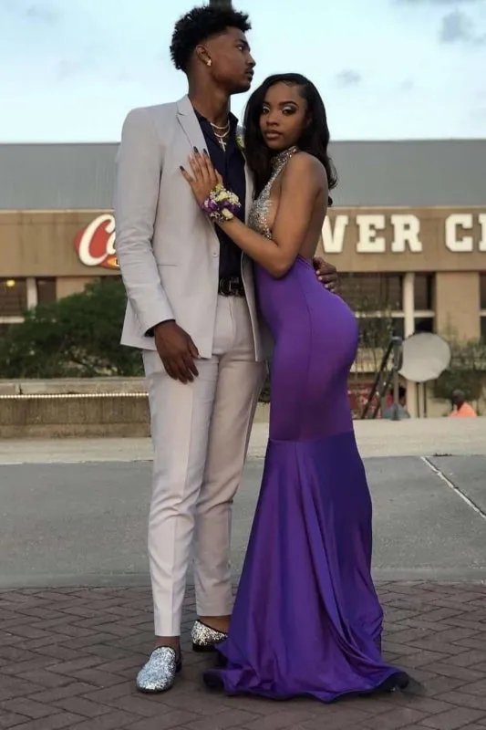 High Collar Sleeveless Floor Length Open Back Prom Dresses