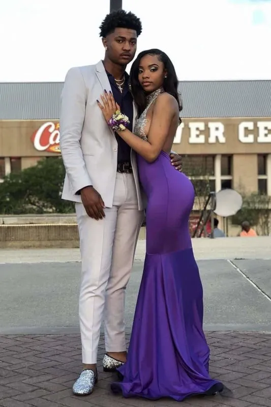 High Collar Sleeveless Floor Length Open Back Prom Dresses