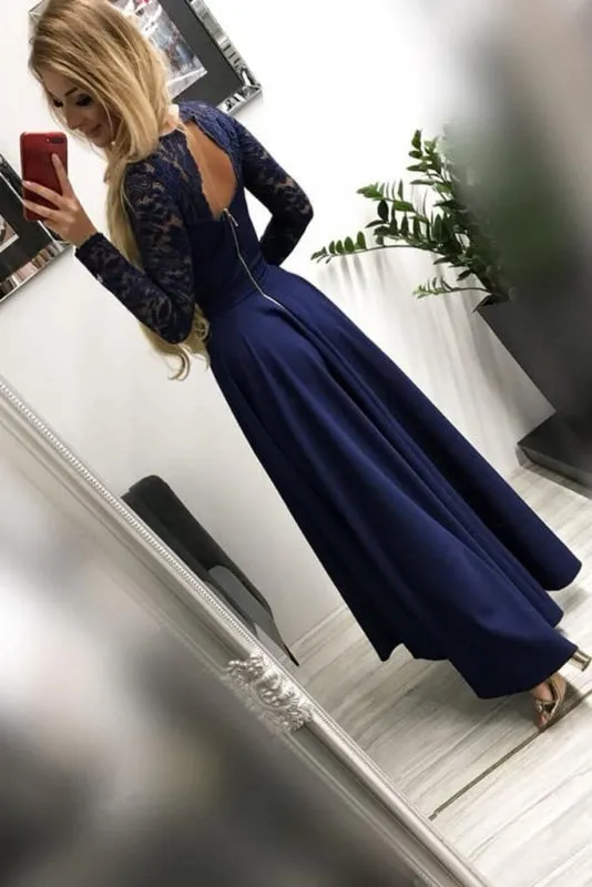 High Low Long Sleeves V Neck Prom Dark Blue A Line Graduation Dress with Lace