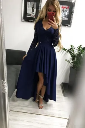 High Low Long Sleeves V Neck Prom Dark Blue A Line Graduation Dress with Lace