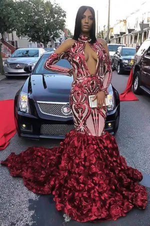 High Neck Long Sleeve Sparkly Sequin Mermaid Prom Dress