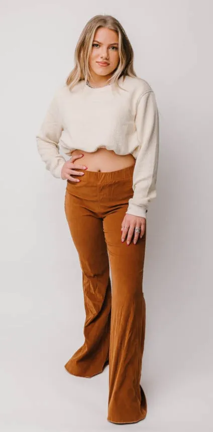 High Rise Corded Stretch Flares-Adobe