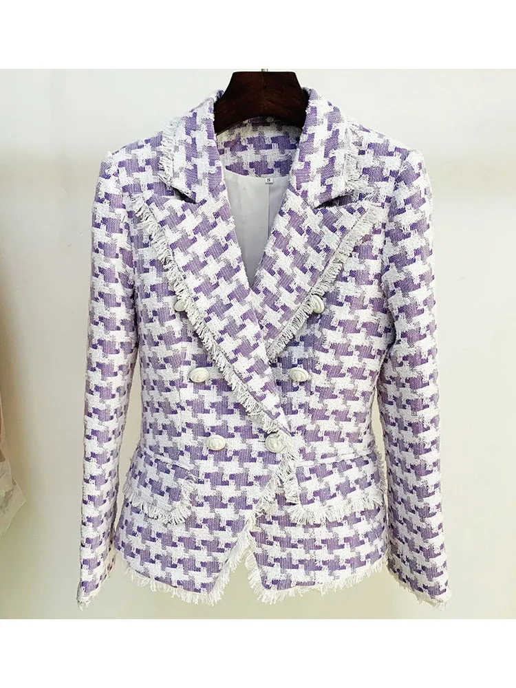 High Street Lion Buttons Tassel Fringed Tweed Blazer