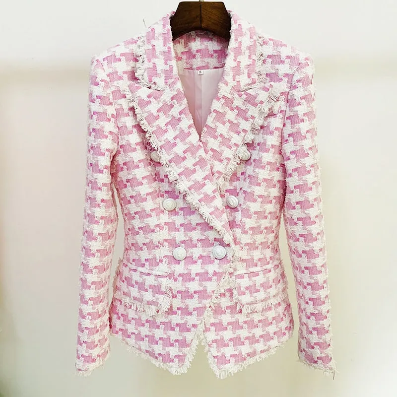 High Street Lion Buttons Tassel Fringed Tweed Blazer