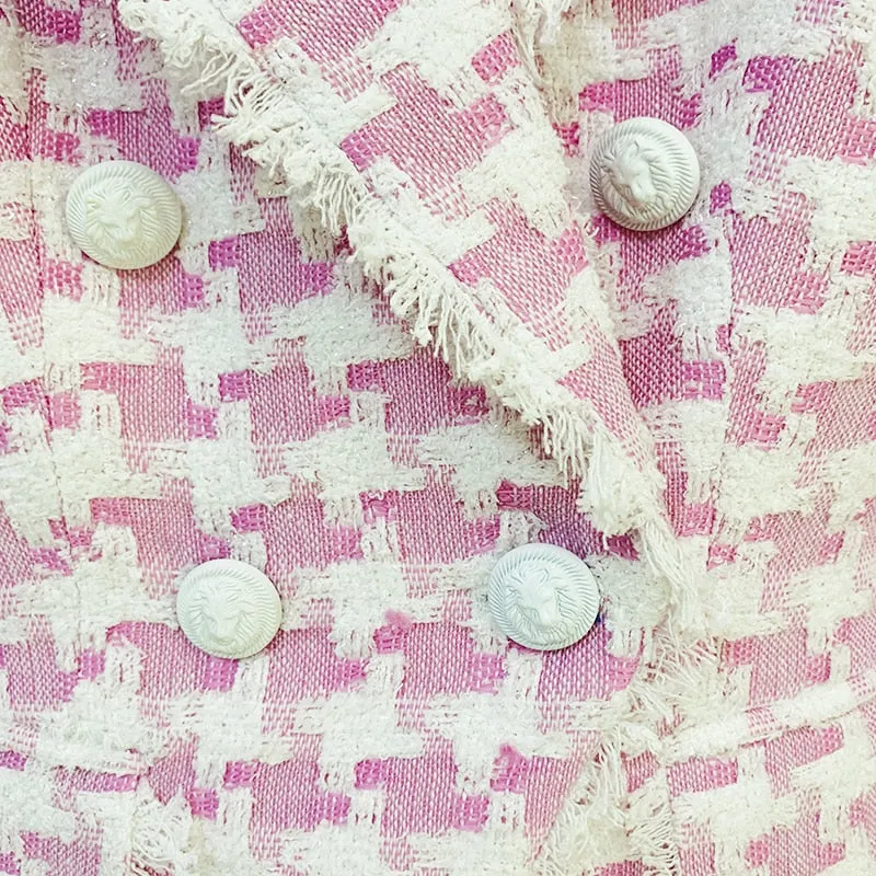 High Street Lion Buttons Tassel Fringed Tweed Blazer