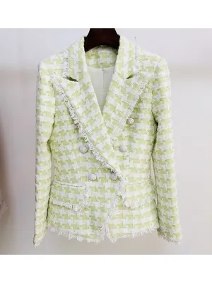High Street Lion Buttons Tassel Fringed Tweed Blazer