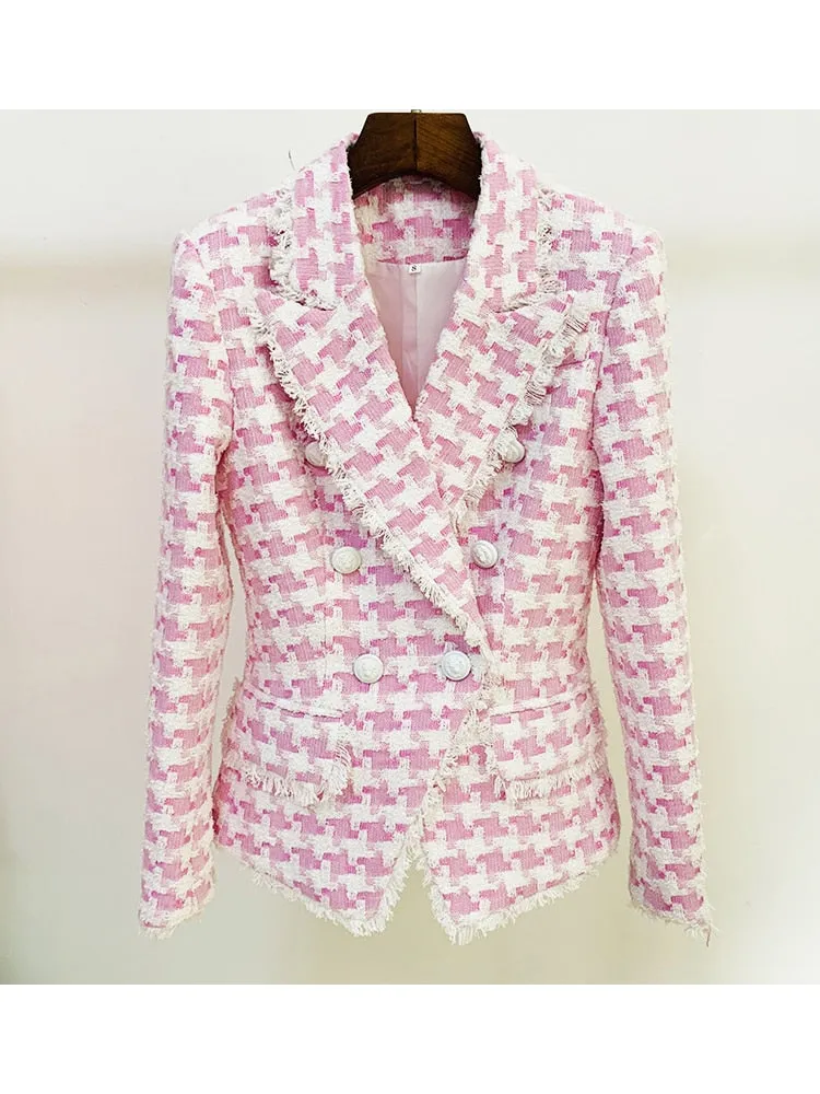 High Street Lion Buttons Tassel Fringed Tweed Blazer
