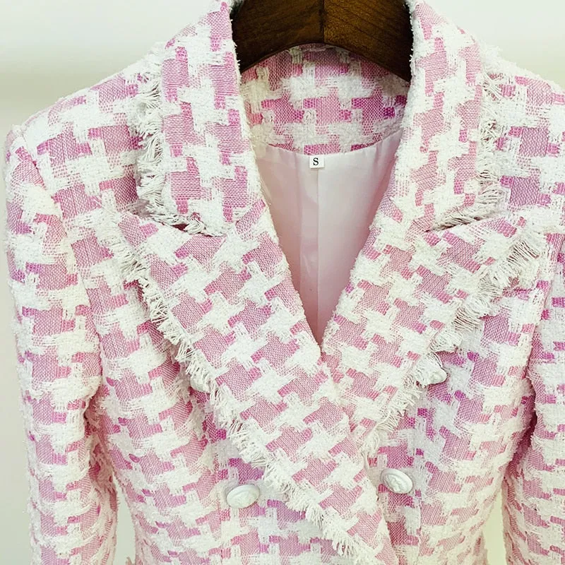 High Street Lion Buttons Tassel Fringed Tweed Blazer