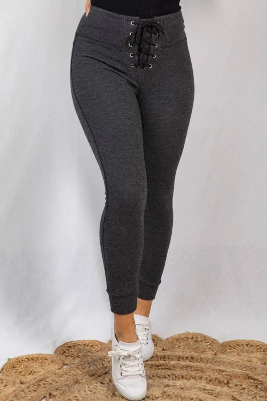 High Waisted Fleece Lined Lace Up Leggings: Black