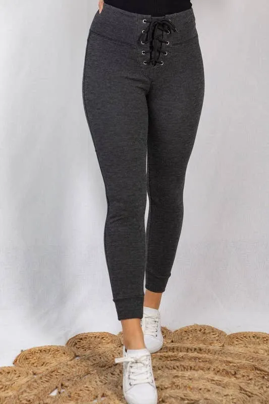 High Waisted Fleece Lined Lace Up Leggings: Black