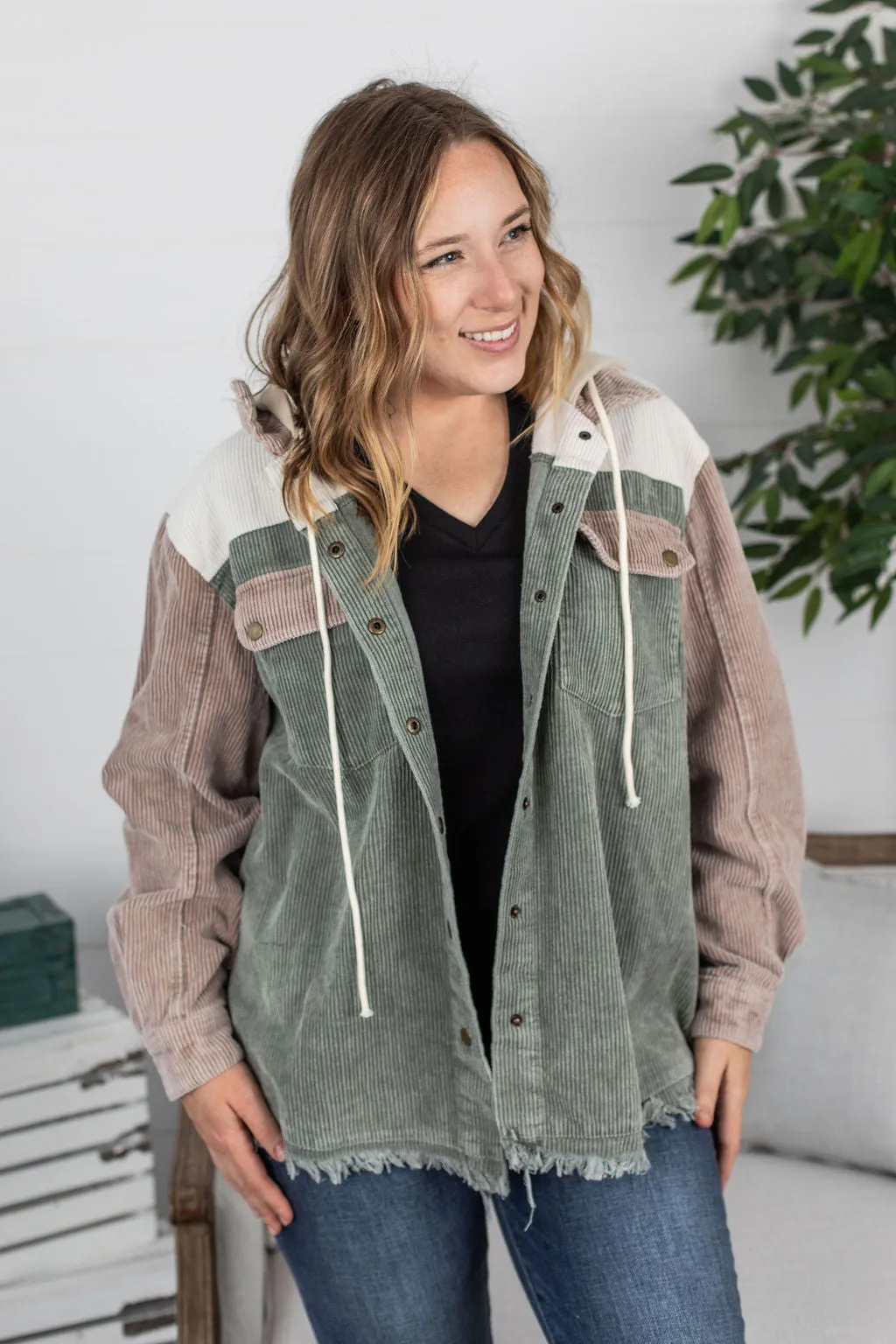 Hooded Colorblock Corduroy Jacket