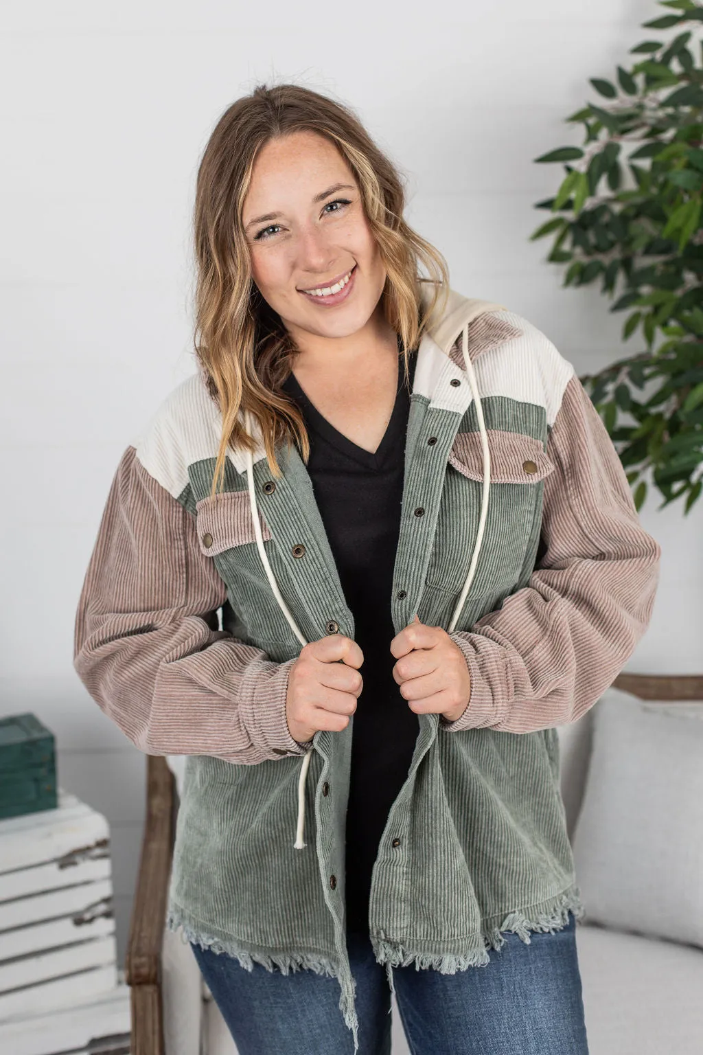 Hooded Colorblock Corduroy Jacket