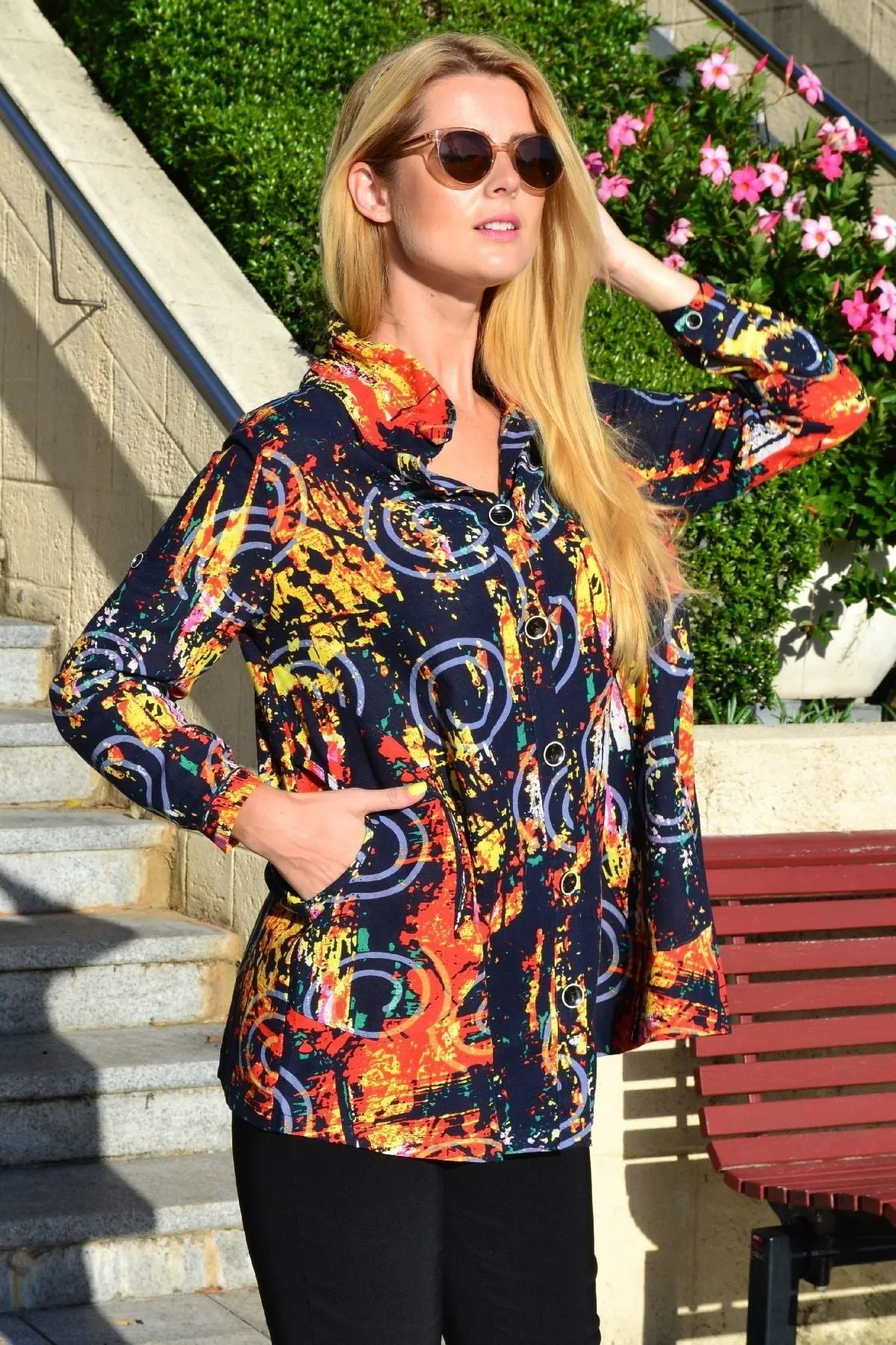 Hot Spin Pocket High Collar Tunic Shirt