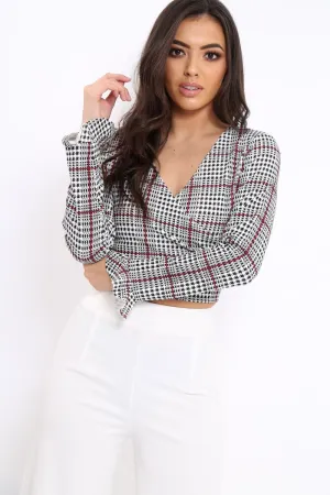 Hound-Tooth Plunge Bell Sleeve Crop Top - Kryanna