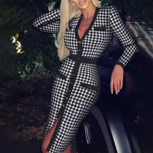 Hounds tooth Front Slit V- Neck Dress With Button Detail
