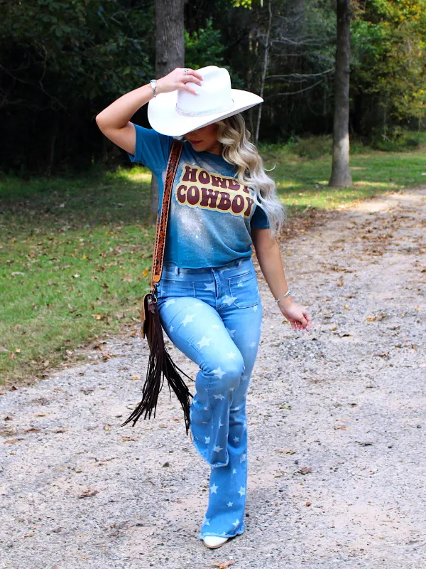 Howdy Cowboy Cropped T-Shirt, Teal