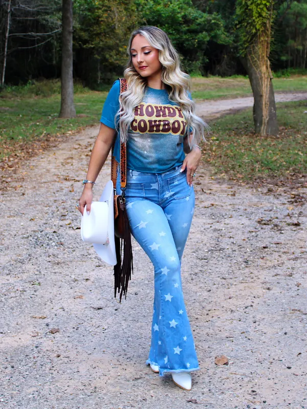 Howdy Cowboy Cropped T-Shirt, Teal