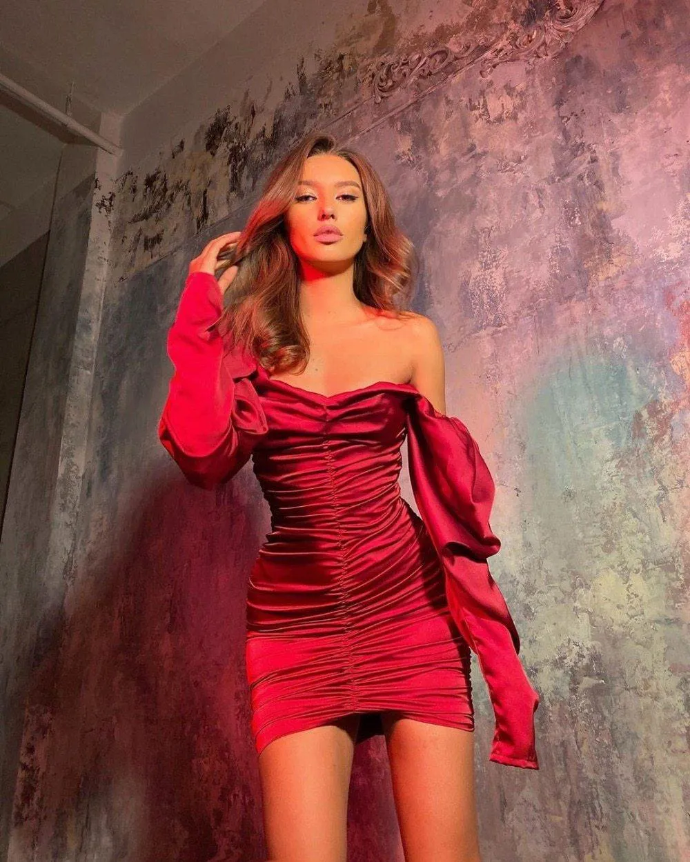 Hugcitar Long Puff Sleeve Slash Neck Satin Pleated Sexy Mini Dress