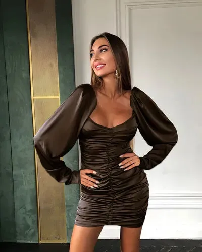 Hugcitar Long Puff Sleeve Slash Neck Satin Pleated Sexy Mini Dress