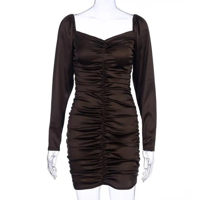 Hugcitar Long Puff Sleeve Slash Neck Satin Pleated Sexy Mini Dress