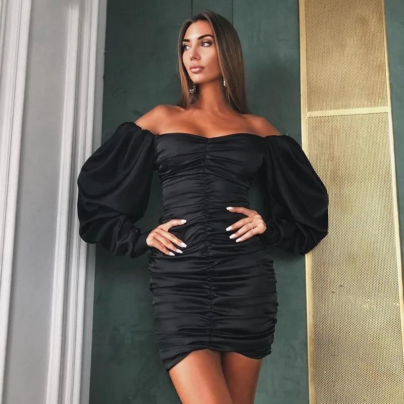 Hugcitar Long Puff Sleeve Slash Neck Satin Pleated Sexy Mini Dress