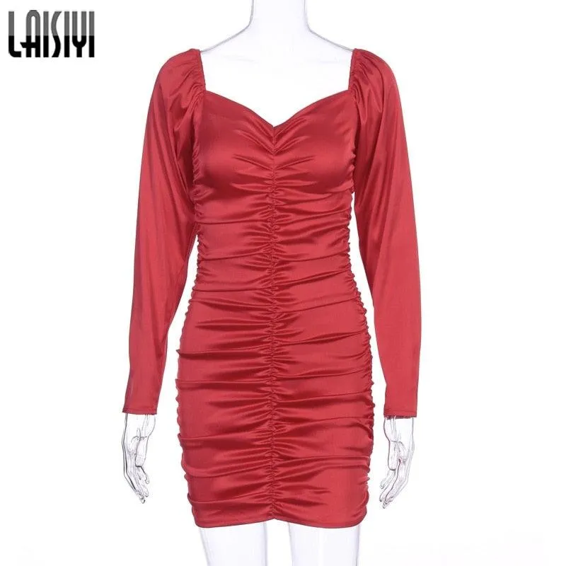 Hugcitar Long Puff Sleeve Slash Neck Satin Pleated Sexy Mini Dress