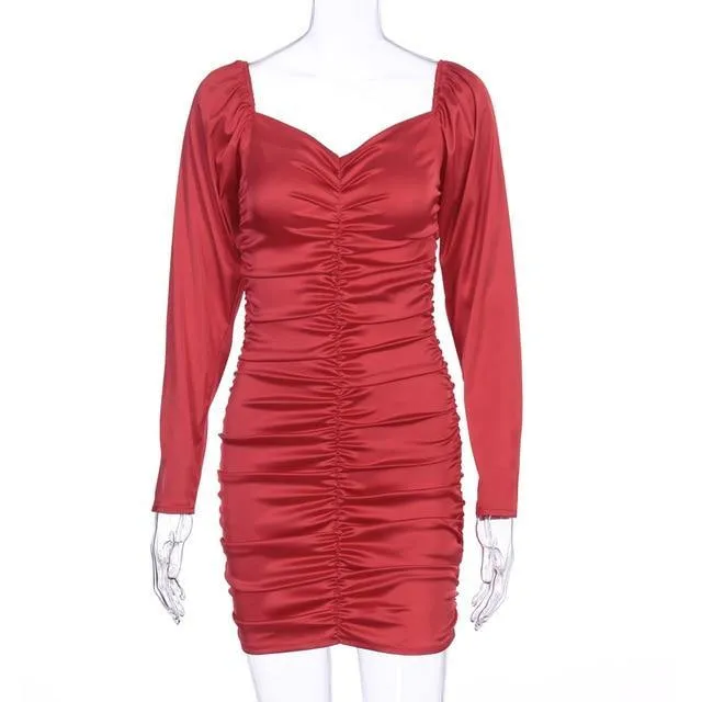 Hugcitar Long Puff Sleeve Slash Neck Satin Pleated Sexy Mini Dress