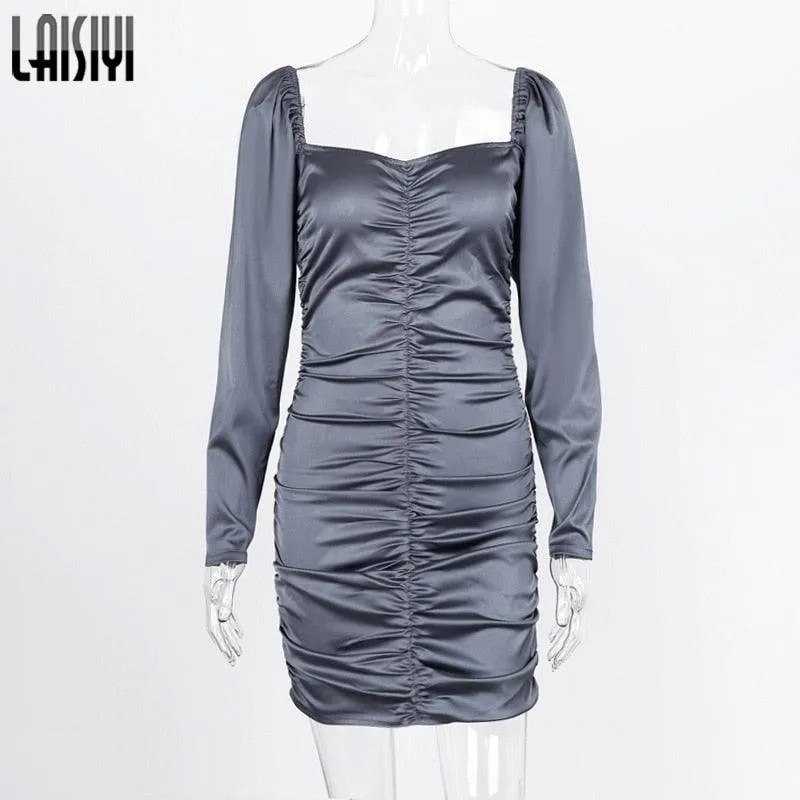 Hugcitar Long Puff Sleeve Slash Neck Satin Pleated Sexy Mini Dress