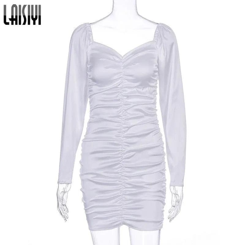 Hugcitar Long Puff Sleeve Slash Neck Satin Pleated Sexy Mini Dress