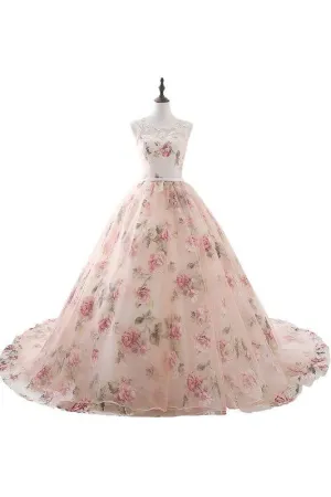 Illusion Floral Print Lace-up Ball Gown Prom Dress