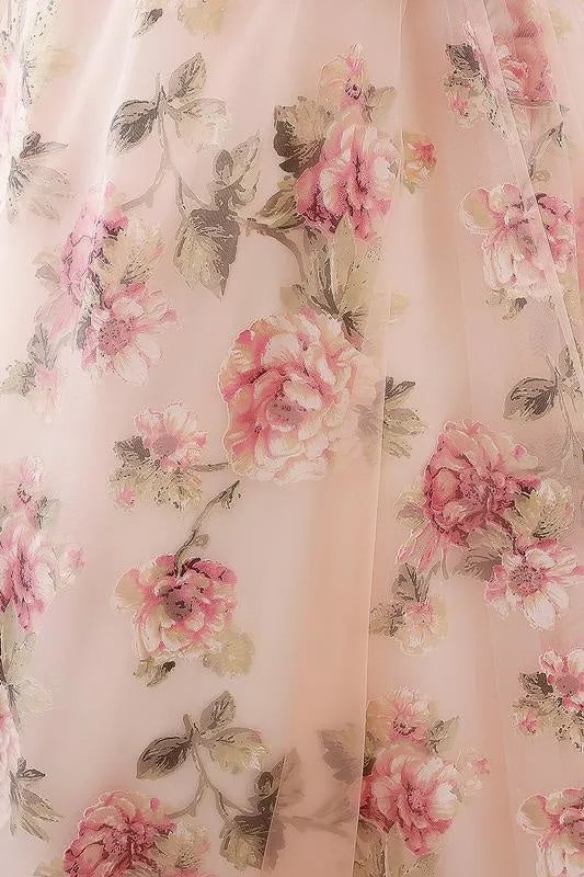 Illusion Floral Print Lace-up Ball Gown Prom Dress