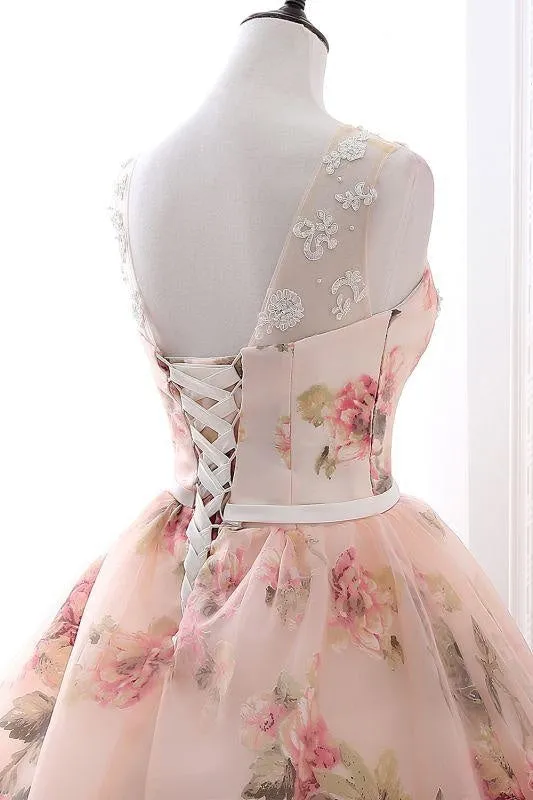 Illusion Floral Print Lace-up Ball Gown Prom Dress