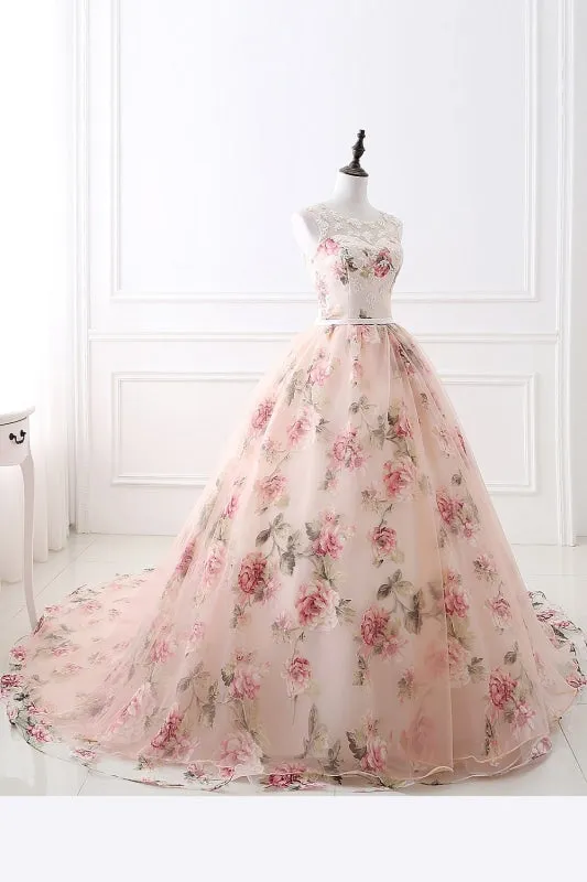 Illusion Floral Print Lace-up Ball Gown Prom Dress
