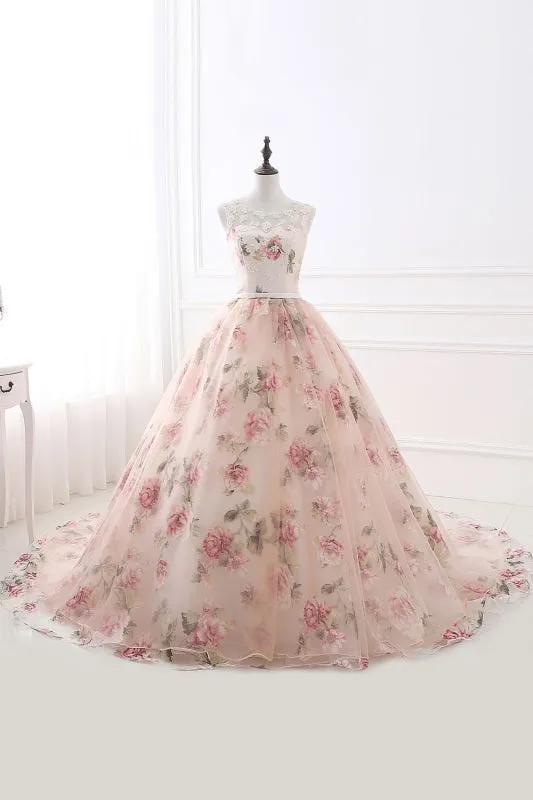 Illusion Floral Print Lace-up Ball Gown Prom Dress
