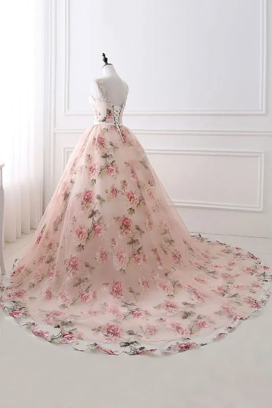 Illusion Floral Print Lace-up Ball Gown Prom Dress