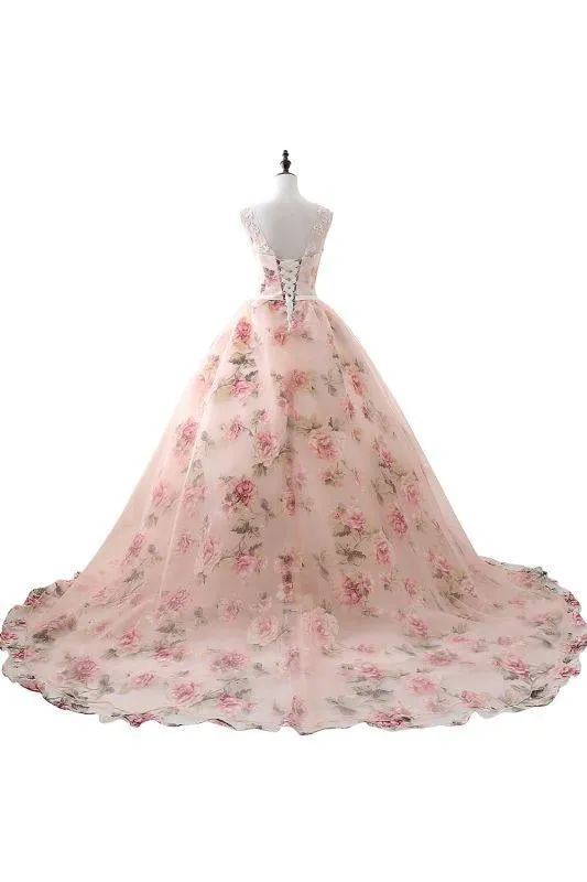 Illusion Floral Print Lace-up Ball Gown Prom Dress