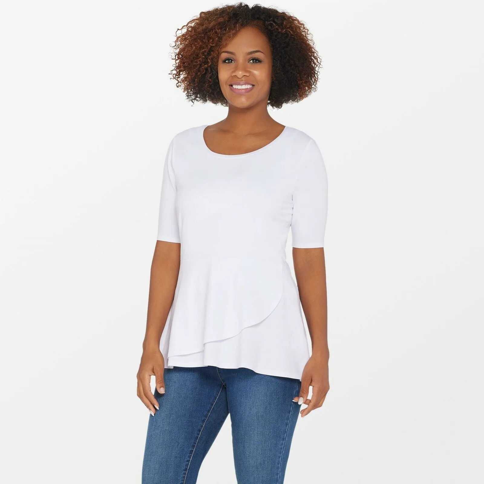 Isaac Mizrahi Live! Women's Elbow Sleeve Peplum Flounce Knit Top White Medium