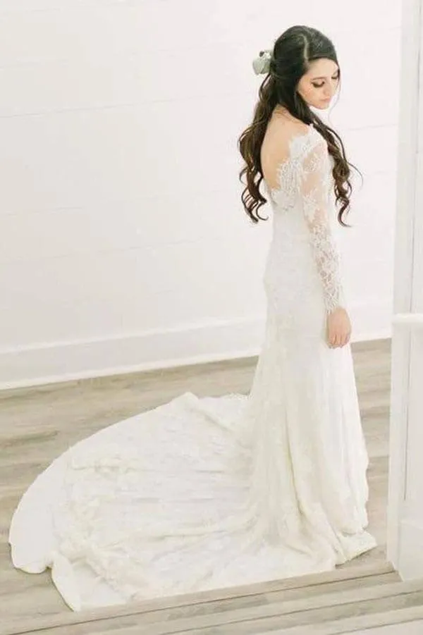 Ivory Lace Sheath V-neck Long Sleeves Chapel Train Wedding Dresses, MW966