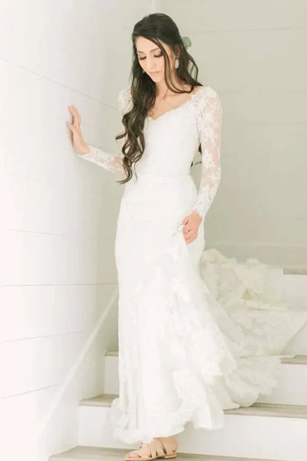 Ivory Lace Sheath V-neck Long Sleeves Chapel Train Wedding Dresses, MW966
