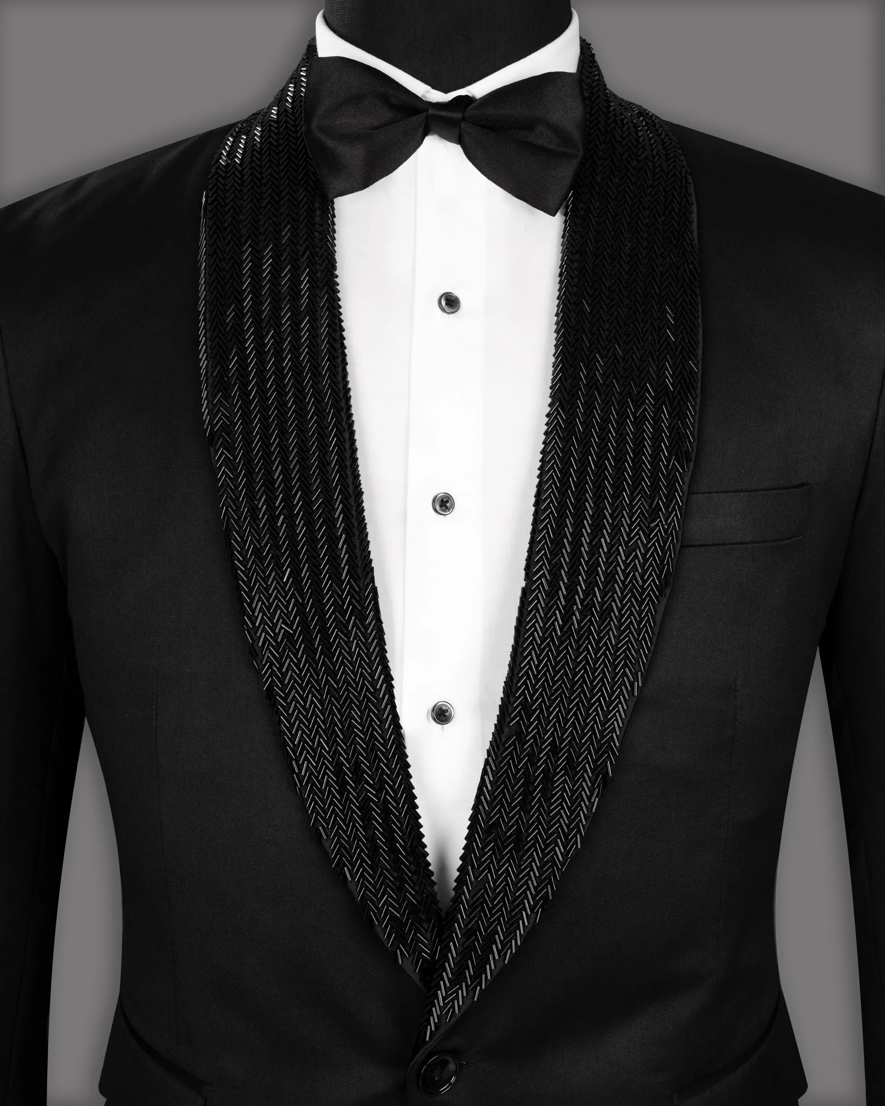 Jade Black Wool Rich Hand Crafted Designer Tuxedo Blazer